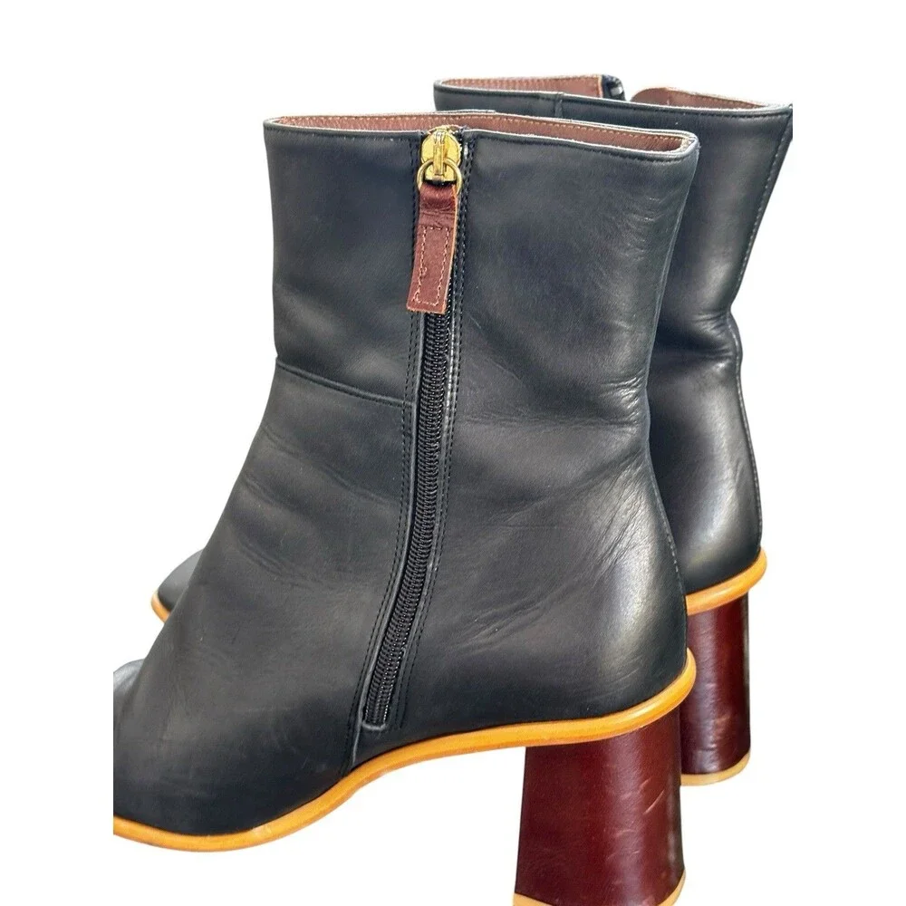 Alohas East Black Leather Square Toe Ankle Boots Wood Block Heel Spain SZ 10.5